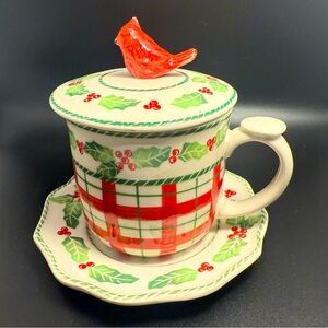 Plaid Cardinal Holly Berry Coffee Tea Mug Cup Lid & Saucer Christmas Holiday